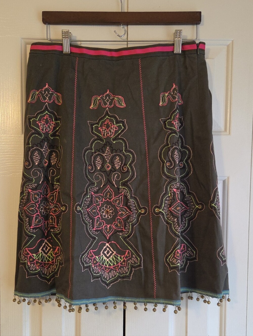 Etcetera Olive Embroidered Boho A-Line Midi Skirt with Pink Trim And Hem Adornme